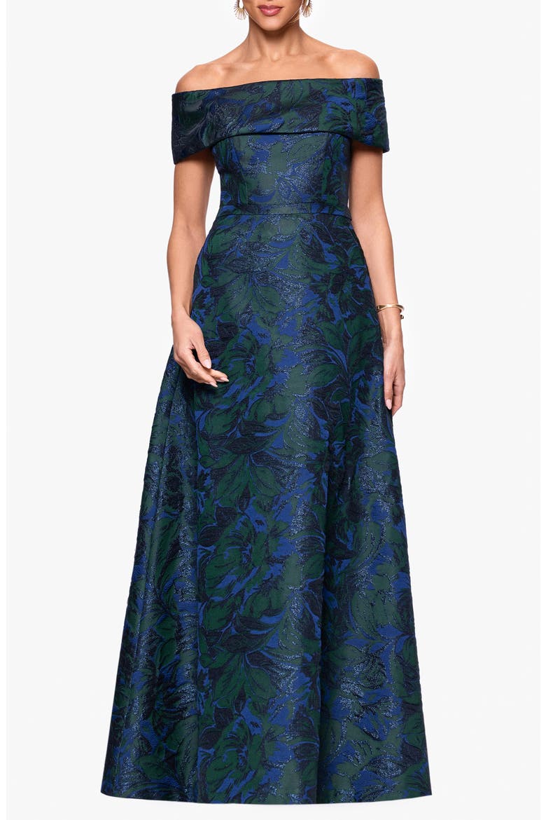 Off the Shoulder Brocade Ballgown, Main, color, NAVY / GREEN