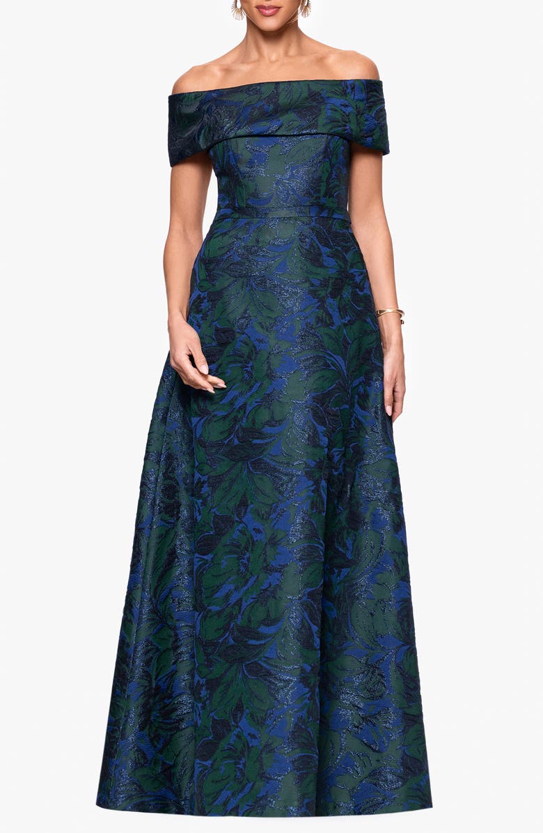 Xscape Evenings Off the Shoulder Brocade Ballgown, Main, color, Navy / Green