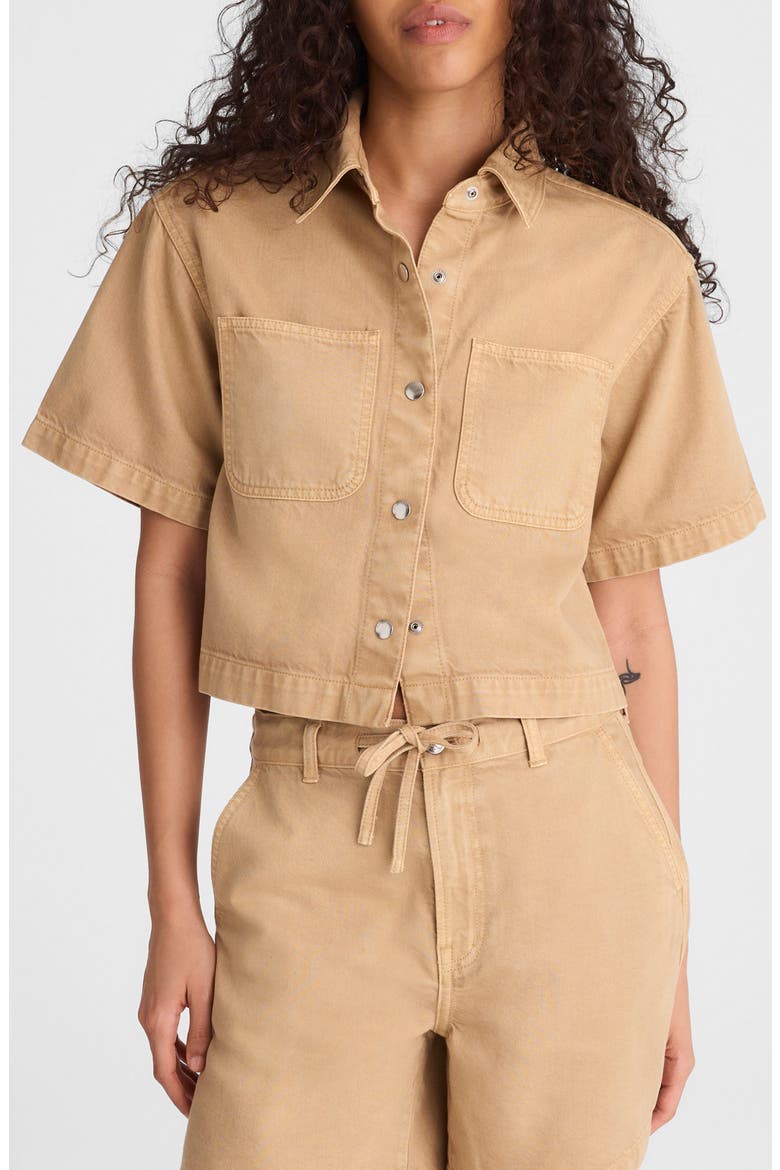 Boxy Crop Button-Up Shirt in Airy Denim, Main, color, FAWN