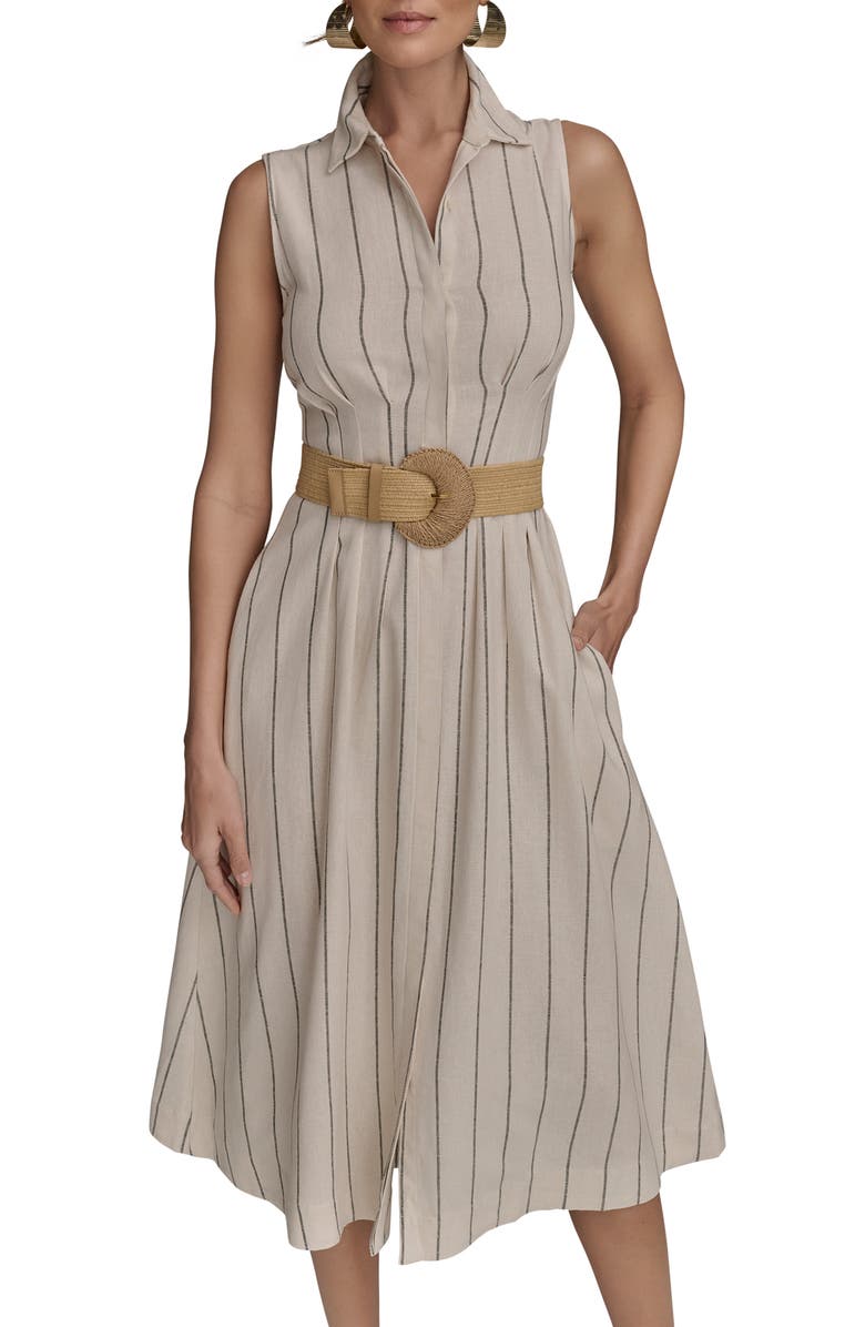 Donna Karan New York Stripe Linen Blend Shirtdress, Alternate, color, Sand/ Ink