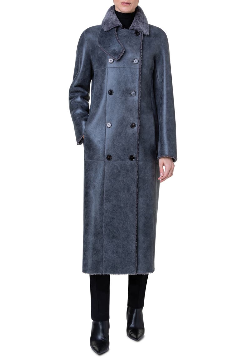 Double Breasted Genuine Shearling Coat, Main, color, 881 SLATE