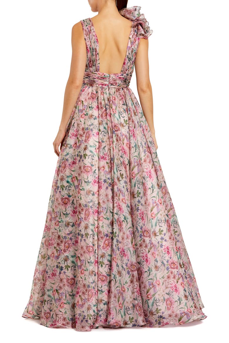Sleeveless V-Neck Printed Chiffon Ruffle Ballgown, Alternate, color, Pink Multi