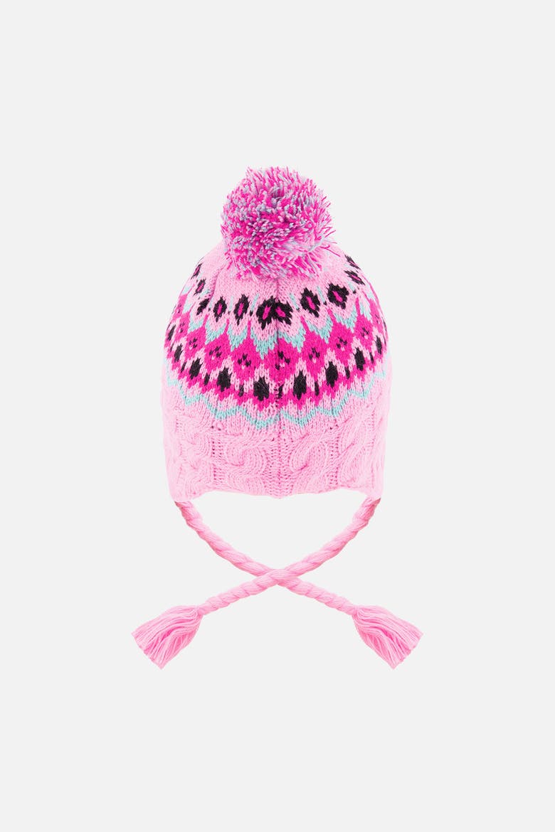 Colorblock Winter Peruvian Cable Pompom Earflap Knit Hat, Alternate, color, Mint Green, Blue & Pinkish