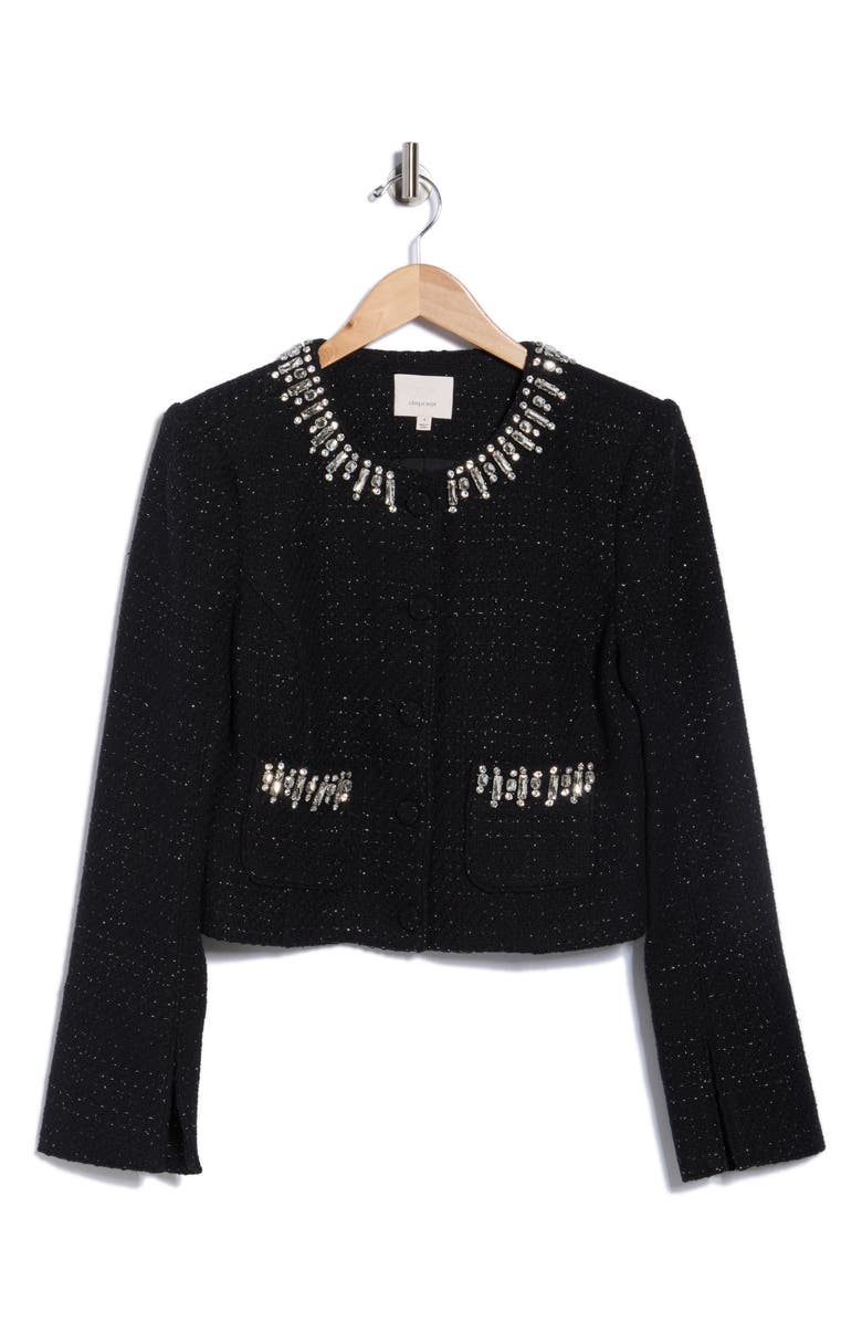 Cinq à Sept Randi Rhinestone Trim Bouclé Jacket, Alternate, color, Black