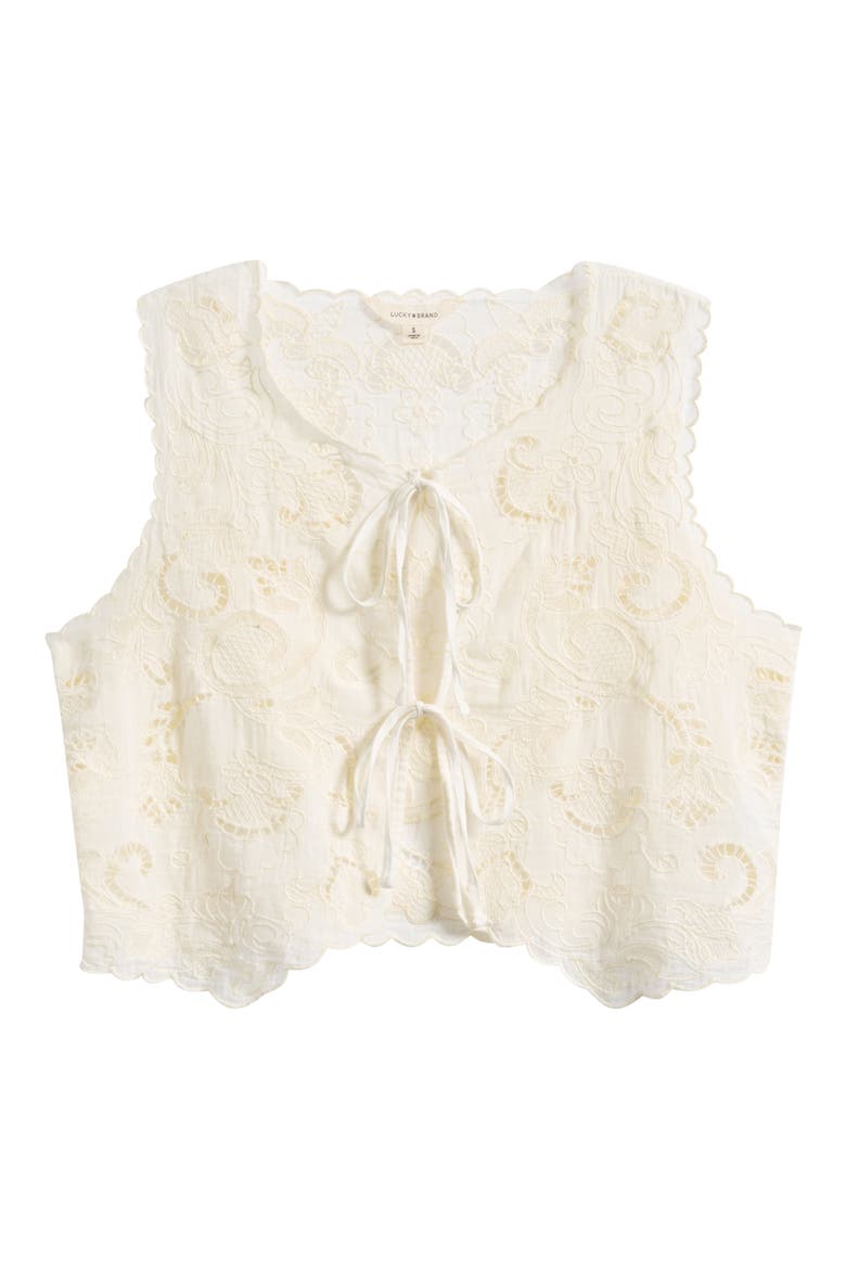 Lacey Flyaway Embroidered Cotton Tie Front Top, Alternate, color, CREAM