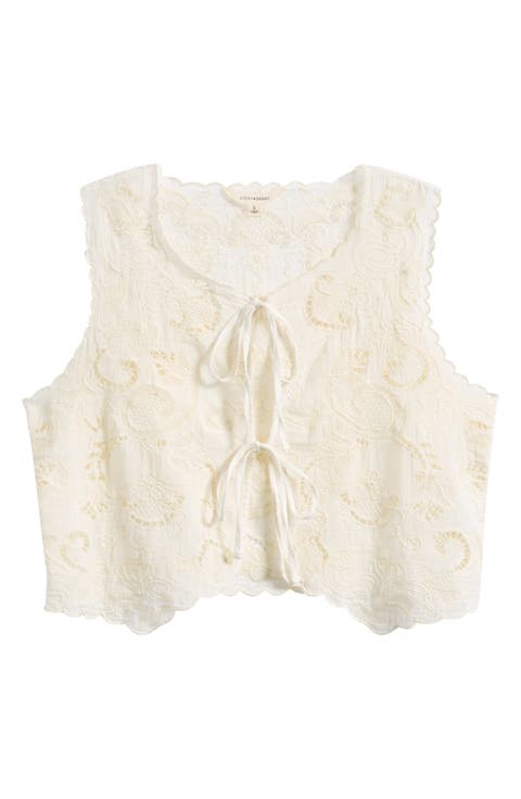 Lacey Flyaway Embroidered Cotton Tie Front Top