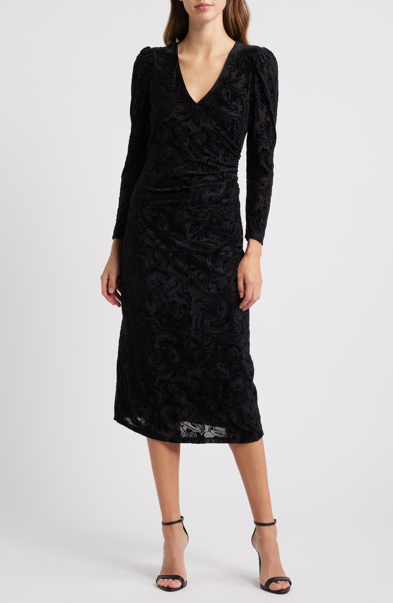 Halogen<sup>®</sup> Surplice V-Neck Long Sleeve Burnout Velvet Stretch Dress, Main, color, 