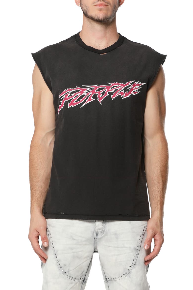 Distressed Sleeveless Graphic T-Shirt, Main, color, BLACK