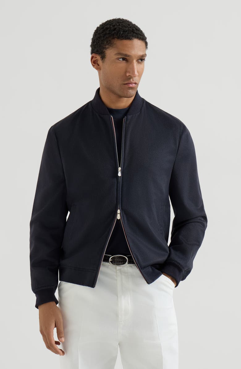 Brunello Cucinelli Lightweight cashmere flannel bomber jacket, Alternate, color, Navy Blue