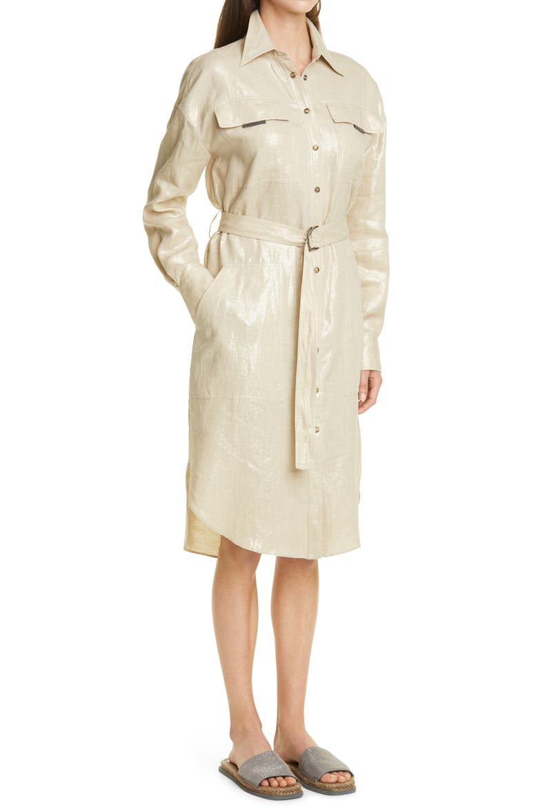 Metallic Linen Long Sleeve Shirtdress, Alternate, color, PLATINO