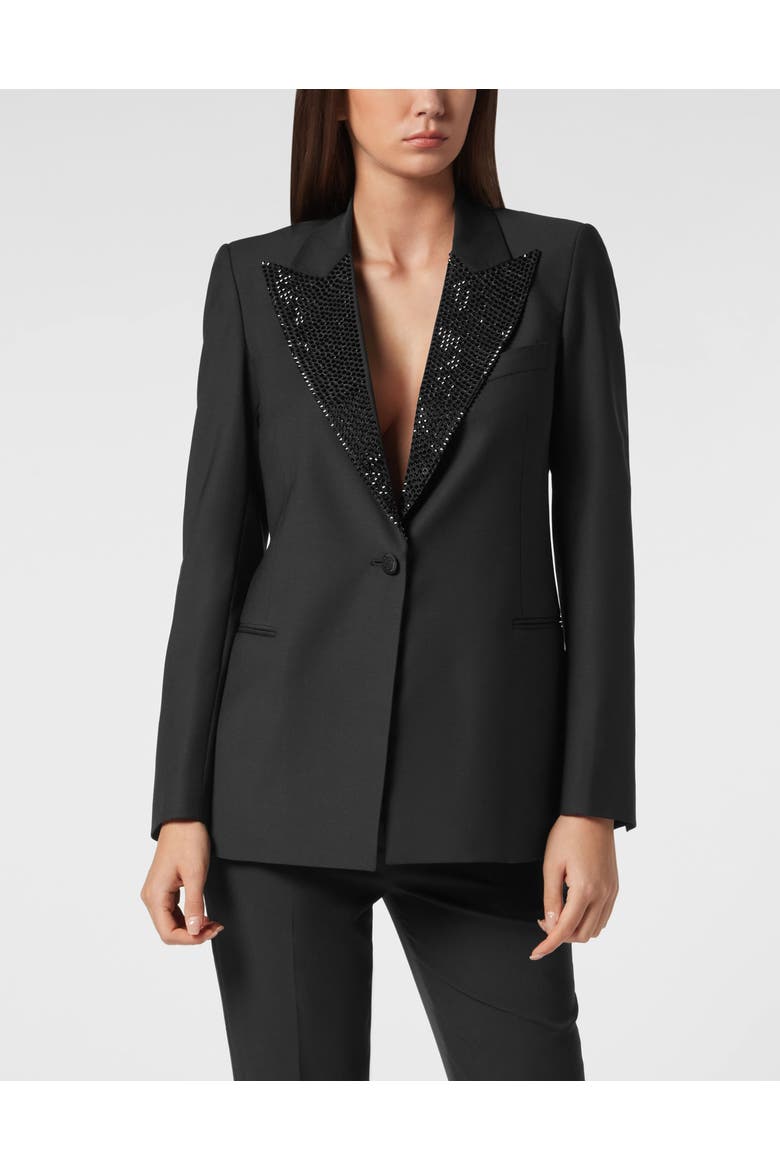 Wool Boxy Blazer Skull Strass Women, Main, color, black