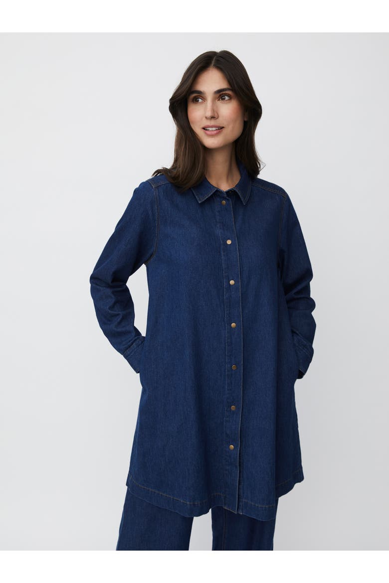 Denim Long Sleeve Collared Long Shirt, Main, color, Dark Denim