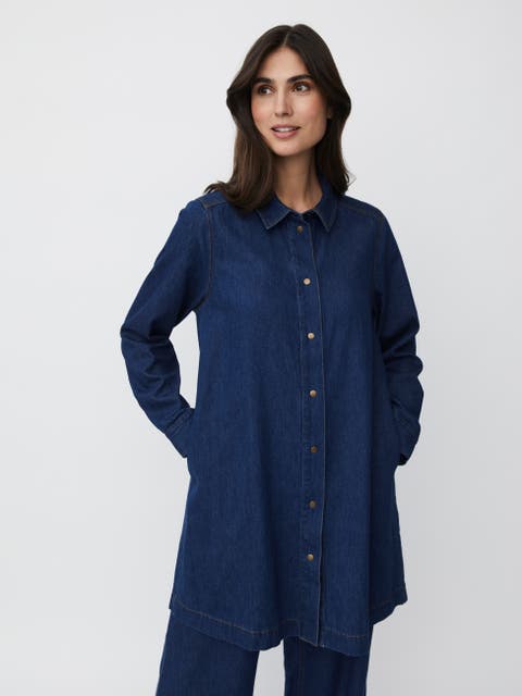 Denim Long Sleeve Collared Long Shirt