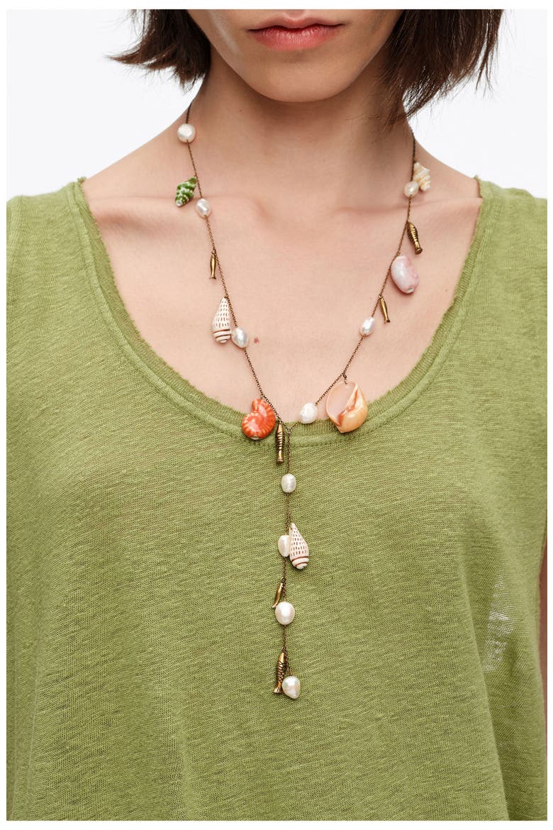 Aged Necklace With Ceramic Shells, Alternate, color, PEARL