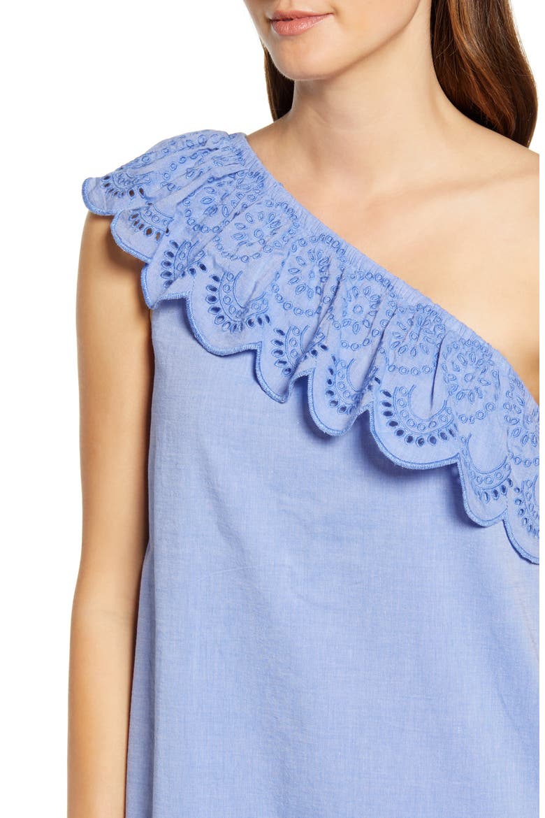 One-Shoulder Cotton Eyelet Dress, Alternate, color, MARLIN