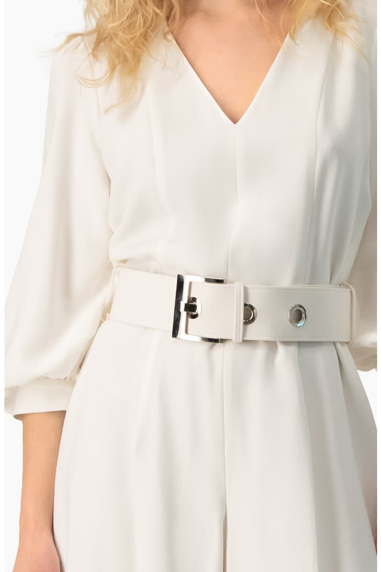 Belted V-Neck Balloon-Sleeve Wide-Leg Jumpsuit, Alternate, color, White