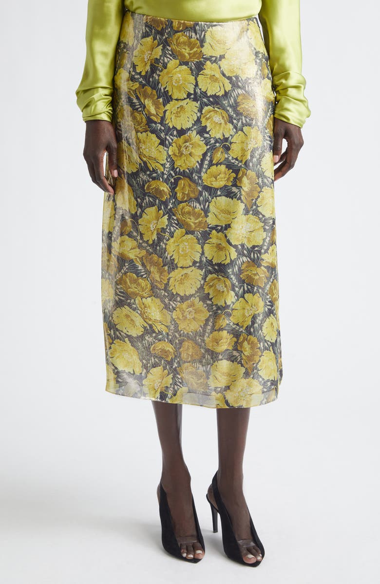 Valentino After Winter Metallic Poppies Print Skirt, Main, color, Yellow Multi