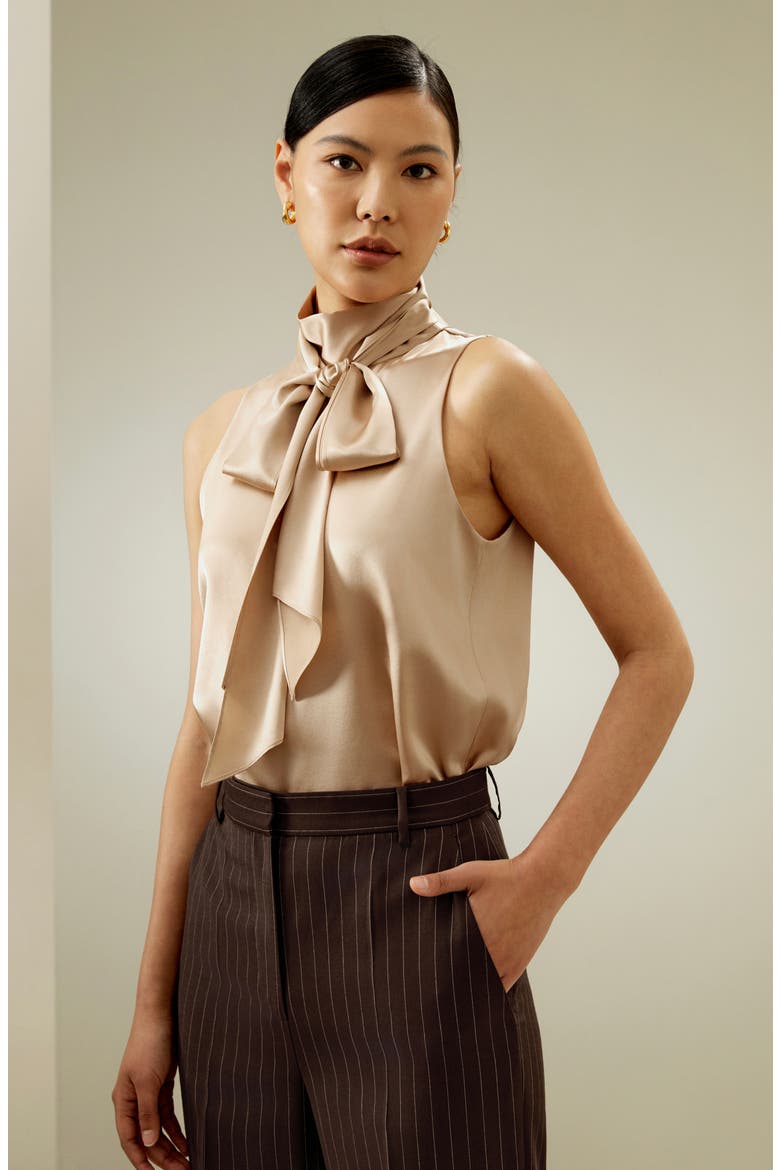 Women's Sleeveless Tie-Neck Silk Blouse, Alternate, color, Light Camel
