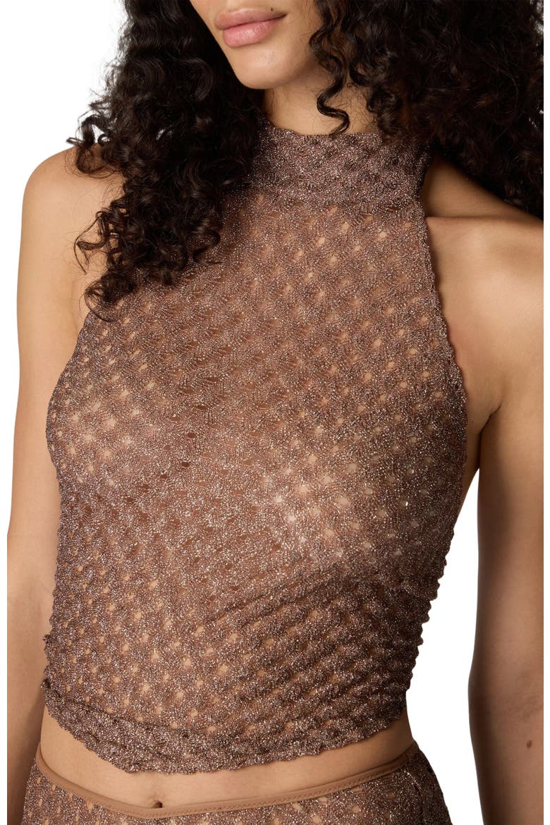 Scarf Top In Lamé Viscose With Spiderweb Motif, Alternate, color, Brown