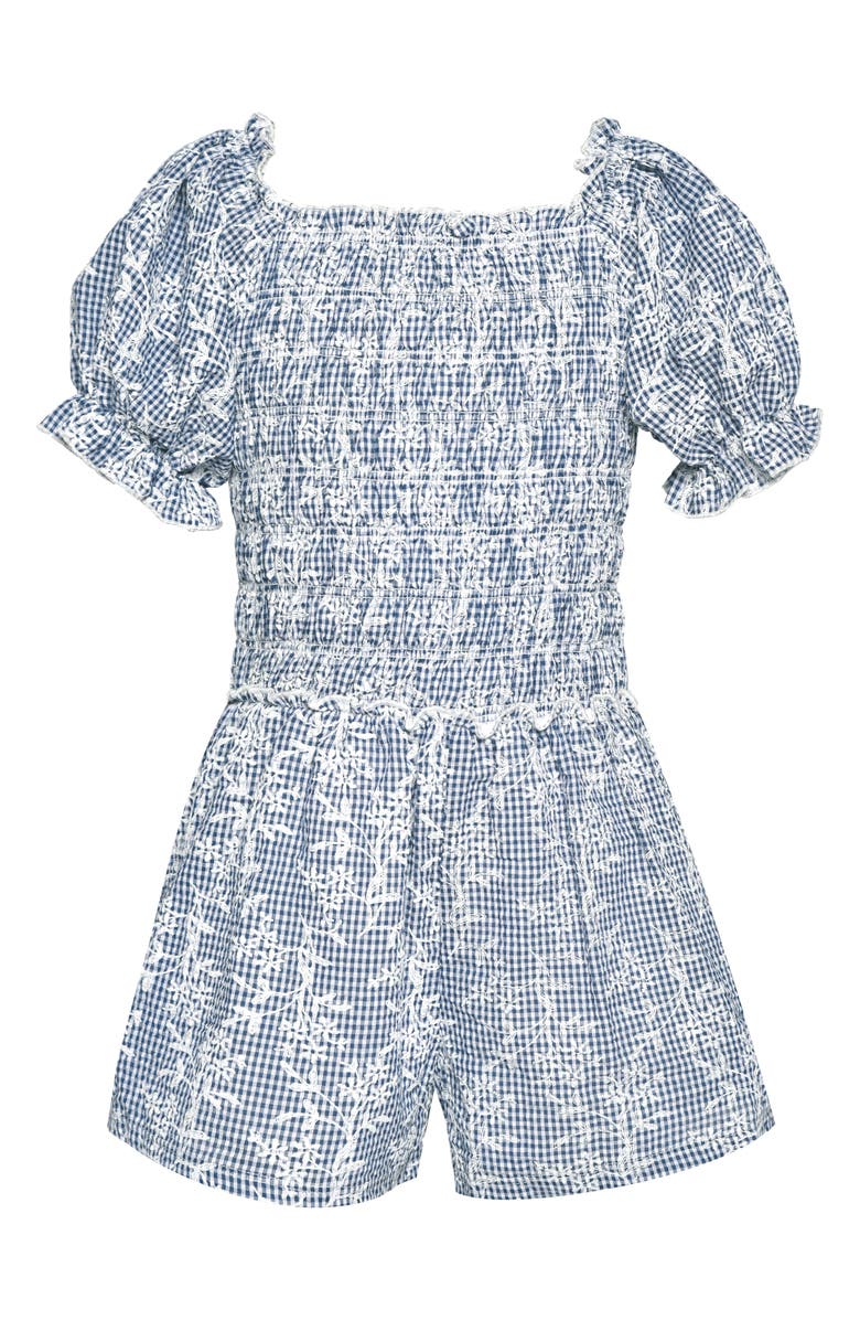 Hannah Banana Puff Sleeve Smocked Romper, Main, color, Blue Multi