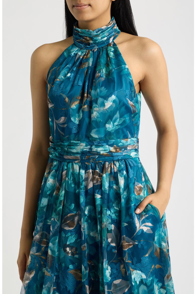Floral Embroidered Midi Cocktail Dress, Alternate, color, TEAL