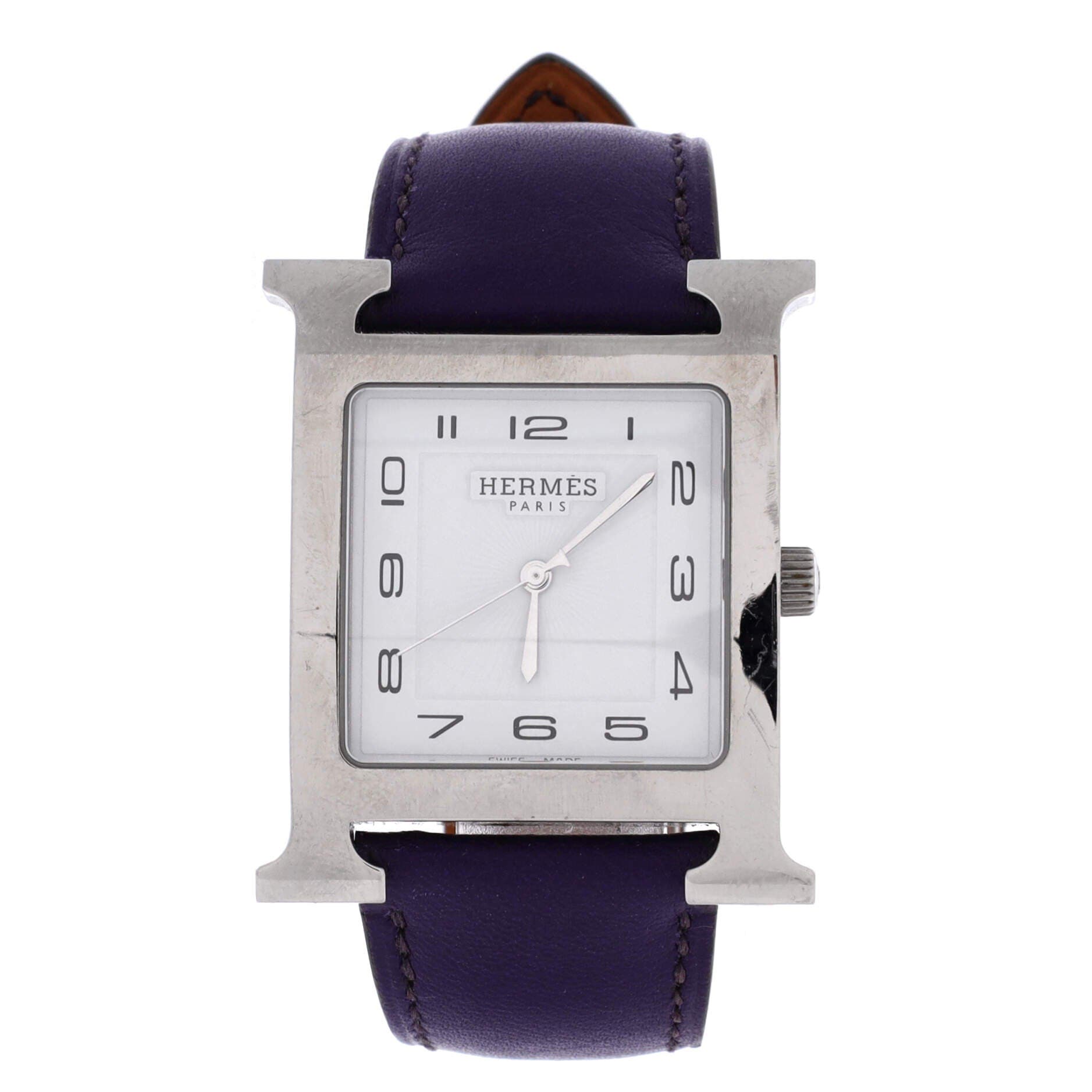 Pre-Owned Hermes Heure H Quartz Watch Stainless Steel and Leather 30, Main, color, Purple
