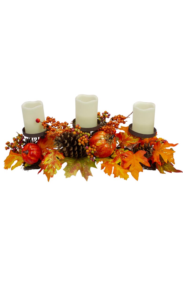 Northlight 21" Orange Fall Harvest Leaves and Pumpkins Candle Holder, Alternate, color, Orange