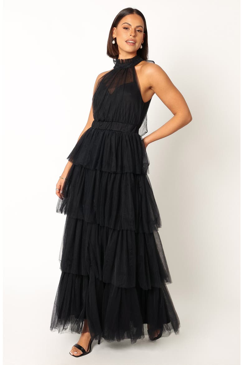 Frances Halter Neck Tiered Tulle Gown, Alternate, color, BLACK