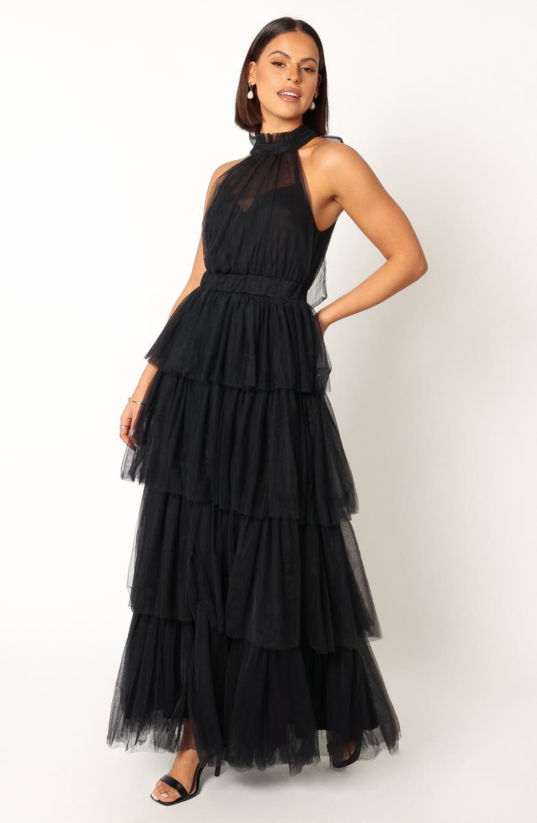 Petal & Pup Frances Halter Neck Tiered Tulle Gown, Alternate, color, Black