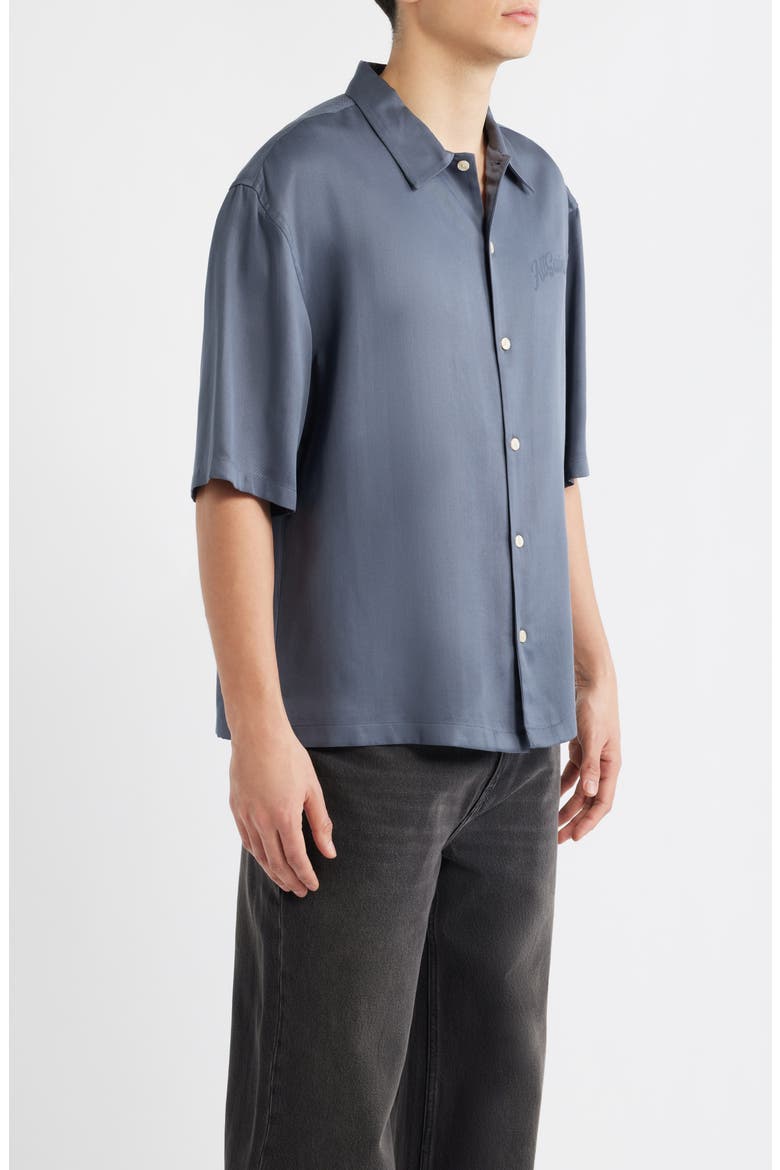 Circe Logo Graphic Oversize Short Sleeve Button-Up Shirt, Alternate, color, MOONSTONE BLUE