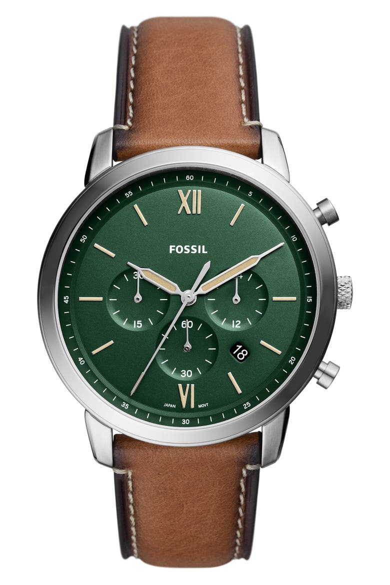 Neutra Chronograph Leather Strap Watch, 44mm, Main, color, BROWN