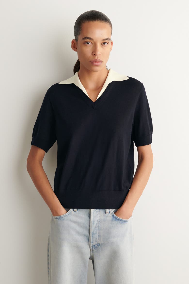 Merino Wool Layered Polo Shirt, Main, color, NAVY / WHITE