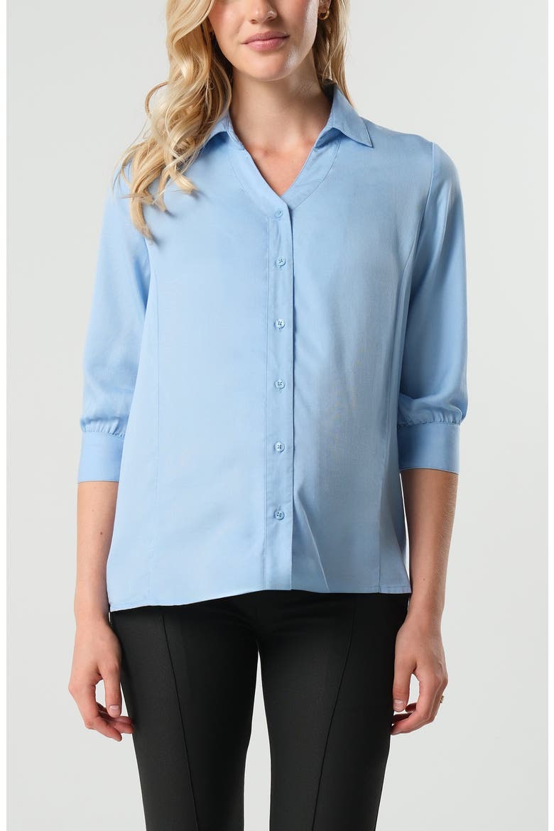 Women's Petite No-Gap 3/4 Sleeve Maternity & Nursing Button Down Shirt in with Bra Concealing Design in TENCEL, Main, color, Pale Blue