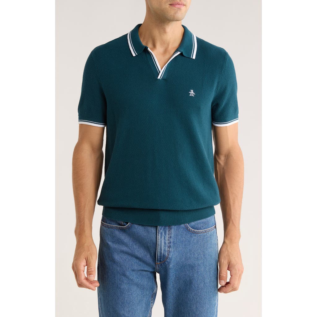 Original Penguin Textured Johnny Collar Cotton Polo In Green