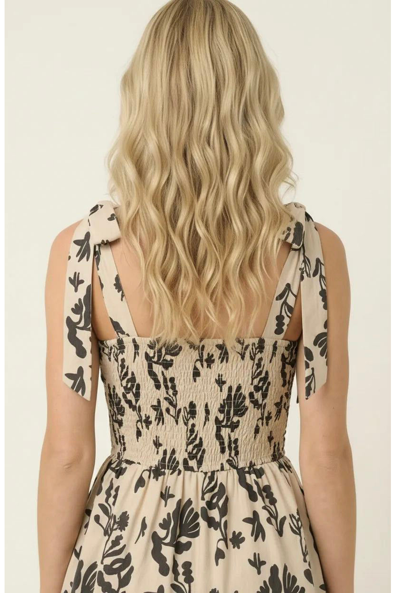 Smocked Tiered Midi Dress with Bow-Tie Straps, Alternate, color, Ivory / Black Floral