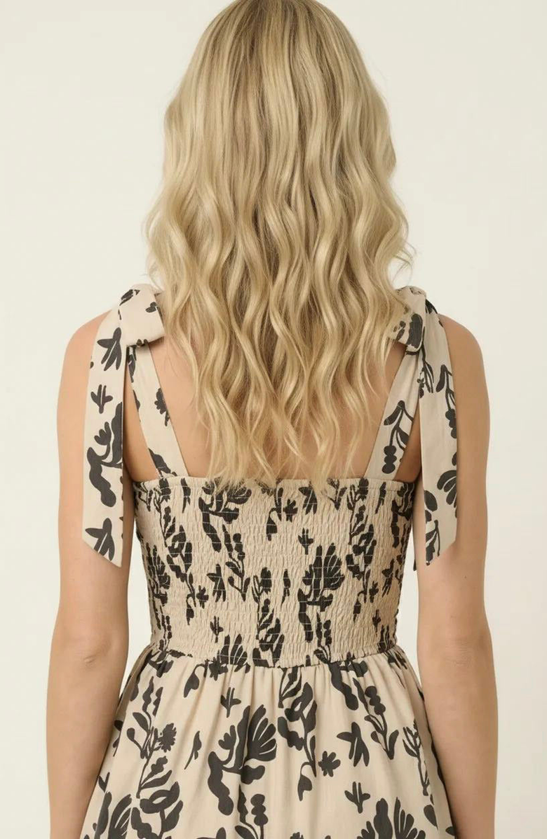 Modenaire Smocked Tiered Midi Dress with Bow-Tie Straps, Alternate, color, Ivory / Black Floral