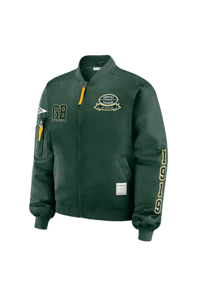 Women's WEAR by Erin Andrews Green Green Bay Packers Patch Full-Zip Bomber Jacket, Alternate, color, Green