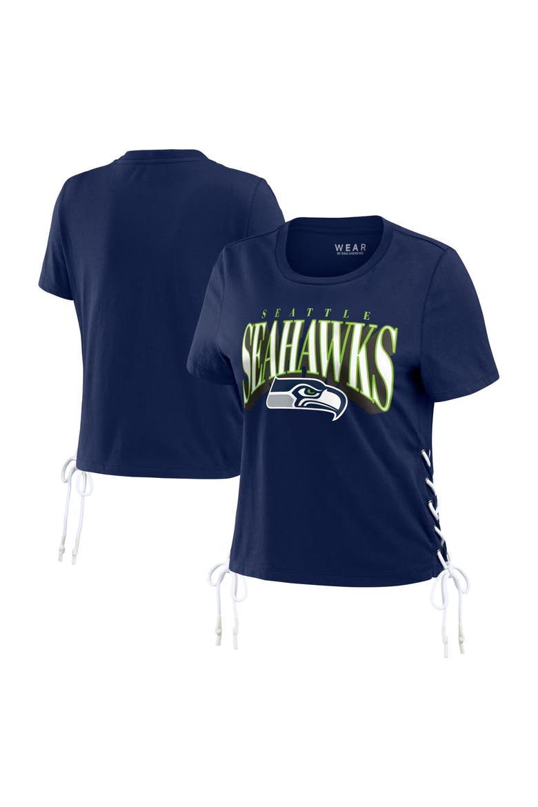 Women's WEAR by Erin Andrews College Navy Seattle Seahawks Lace Up Side Modest Cropped T-Shirt, Alternate, color, Navy