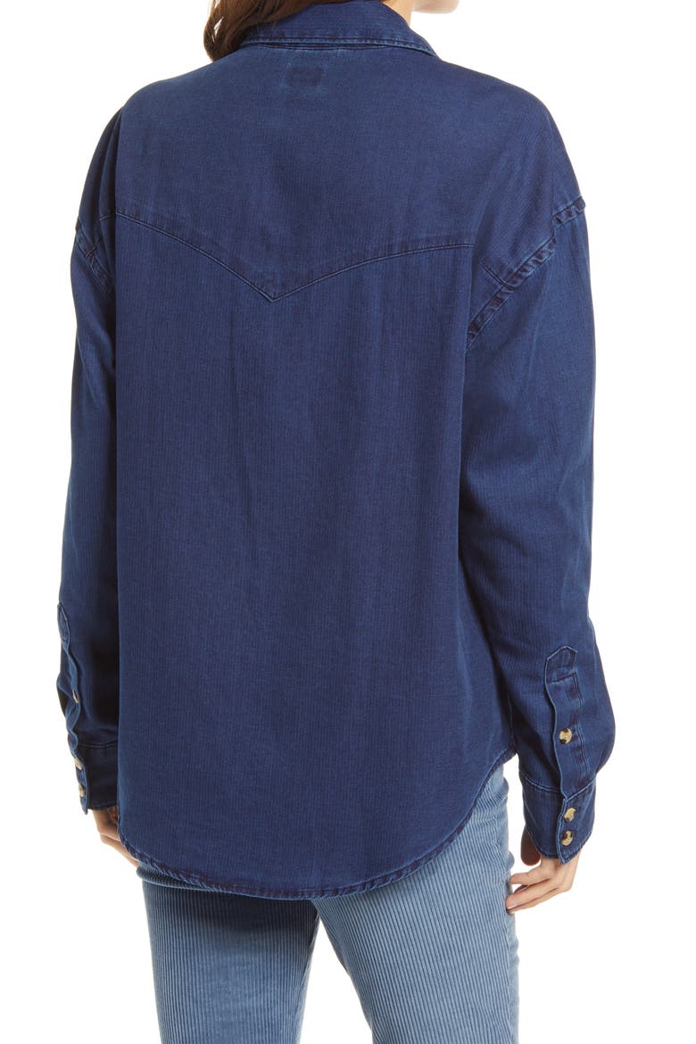 Frontier Western Button Front Denim Shirt, Alternate, color, DARK WASH HERRINGBONE