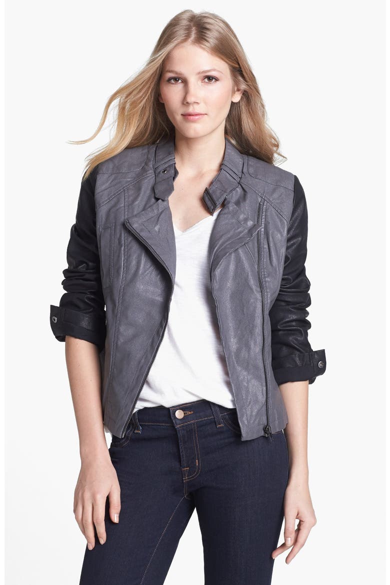 Contrast Sleeve Faux Leather Jacket, Main, color, GREY