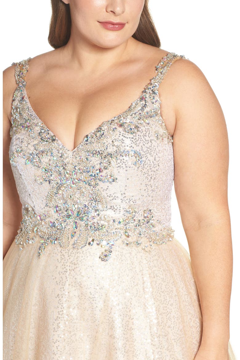 Beaded Tulle Ballgown, Alternate, color, NUDE SILVER