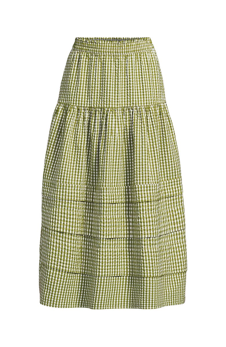Lands' End Plus Size Seersucker Pull On Midi Skirt, Alternate, color, Vintage Lime Green Gingham