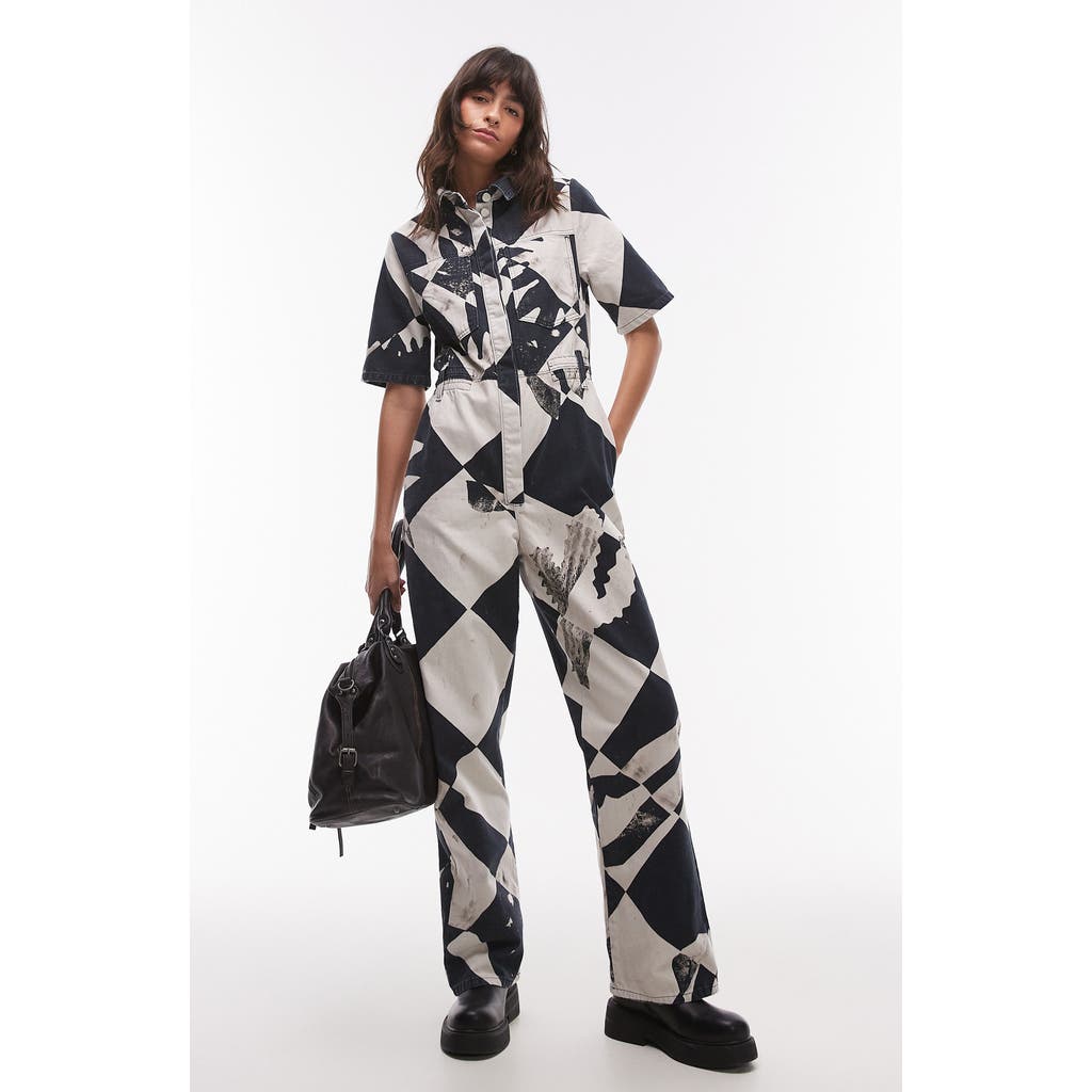 Shop Topshop Distressed Geo Print Cotton Jumpsuit In Black Multi