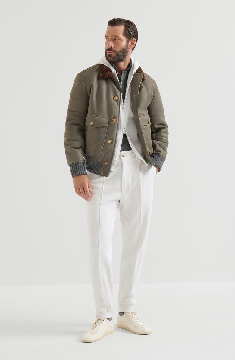 Brunello Cucinelli Virgin wool, silk and cotton piqué polo shirt with spread collar, Alternate, color, Military