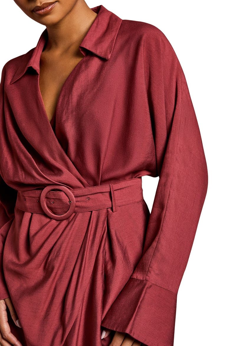 Petite Long Sleeve Belted Wrap Dress, Alternate, color, Burgundy