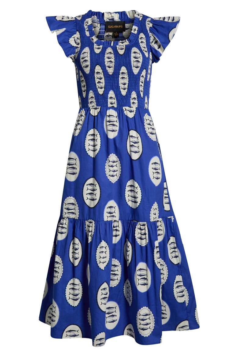 Sardine Sea Glare Smocked Midi Dress, Alternate, color, NAVY-CRM-BLK
