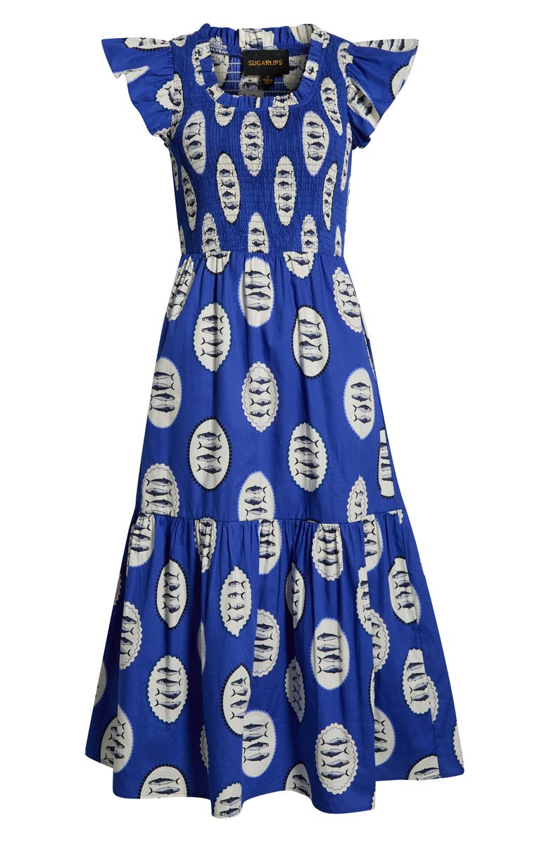 SUGARLIPS Sardine Sea Glare Smocked Midi Dress, Main, color, Navy-Crm-Blk