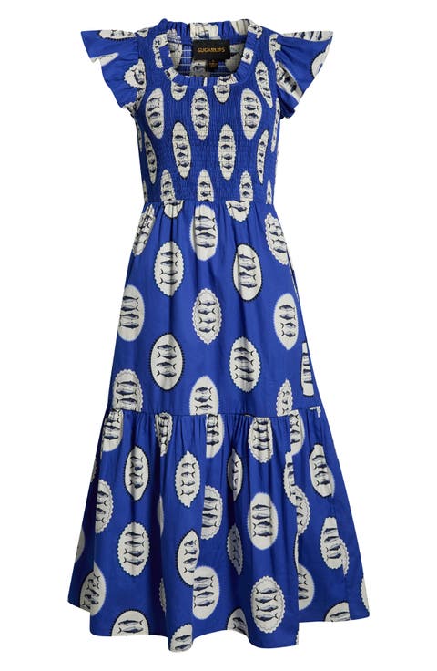 Sardine Sea Glare Smocked Midi Dress