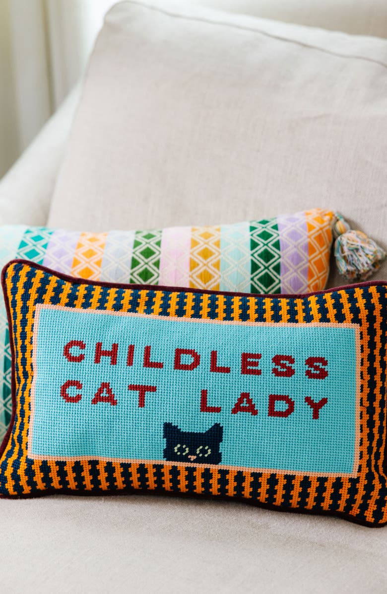Furbish Childless Cat Lady Needlepoint Pillow, Alternate, color, Childless Cat Lady