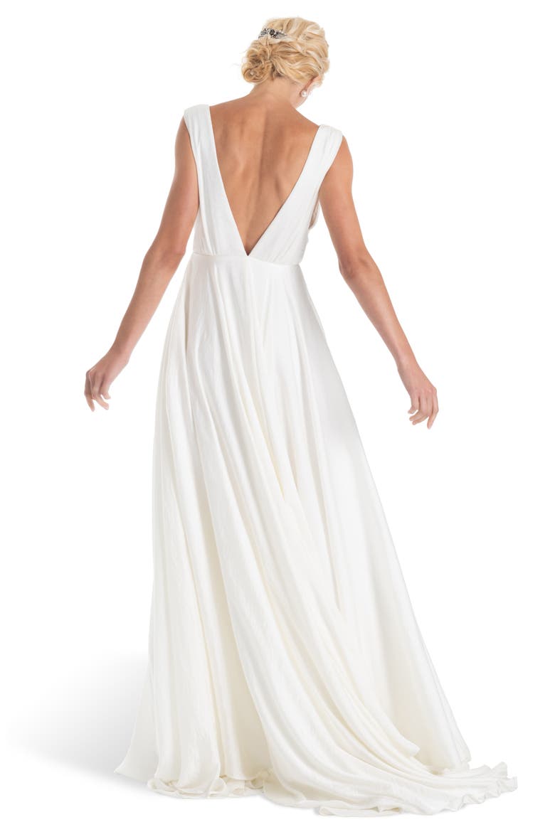 Joplin Slit Front Button-Up V-Neck Wedding Dress, Alternate, color, WHITE